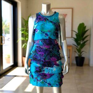 S.L. Fashions Blue & Purple Sleeveless Tiered Ruffle Dress With Abstract Print 8